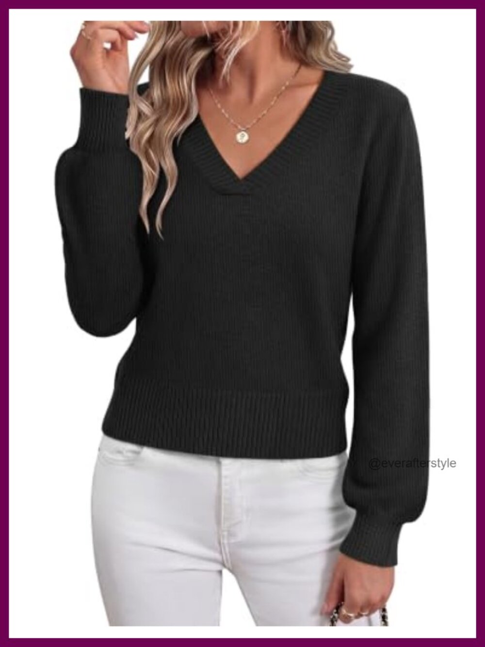 V-Neck Cropped Sweater Long Lantern Sleeve Ribbed Knit Pullover